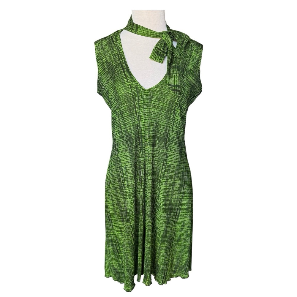 Vintage Damzels In This Dress Green Black Abstract A-line Neck Tie Dress Medium